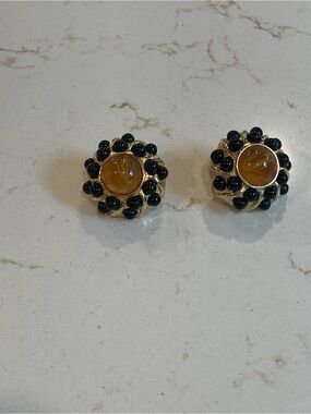 Ivana Gold-Tone Earrings with Amber Center and Black Beads